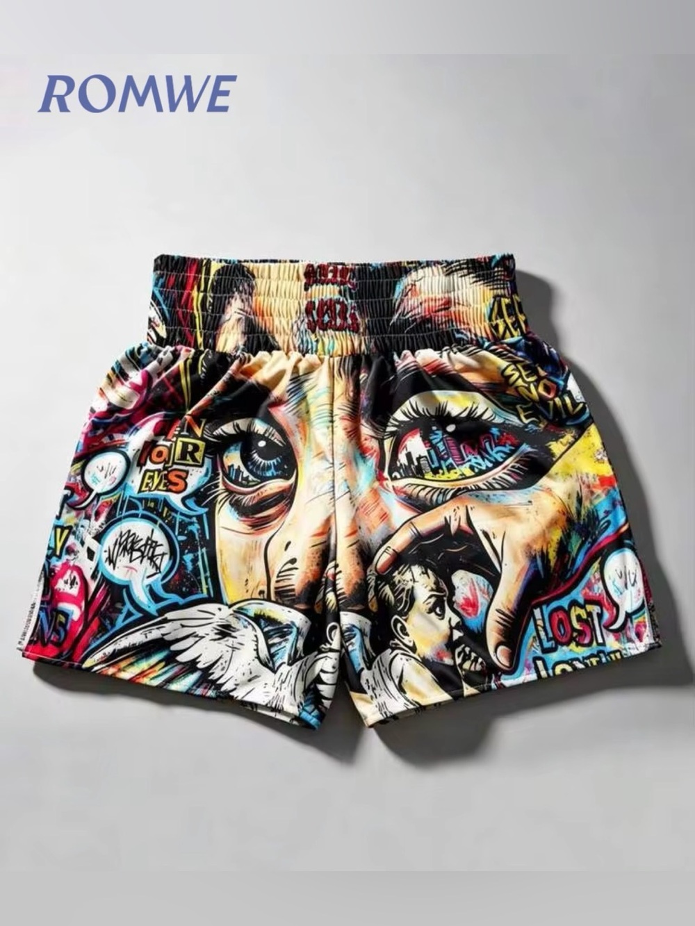 ROMWE Multicolor Graffiti Eye Print Elastic Waist Shorts